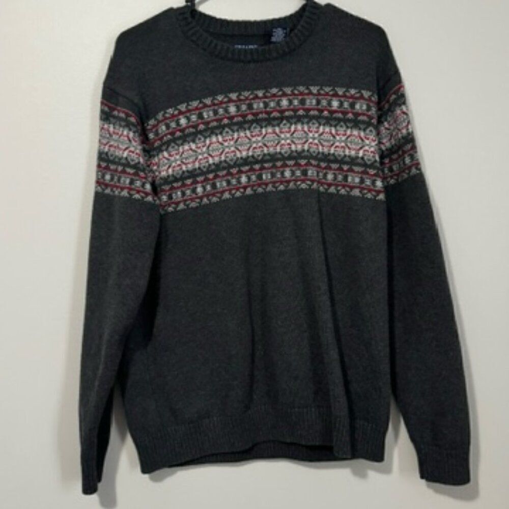 USED Men's Chaps Long Sleeve Sweater Crew Neck Color Grey and Red Size Medium